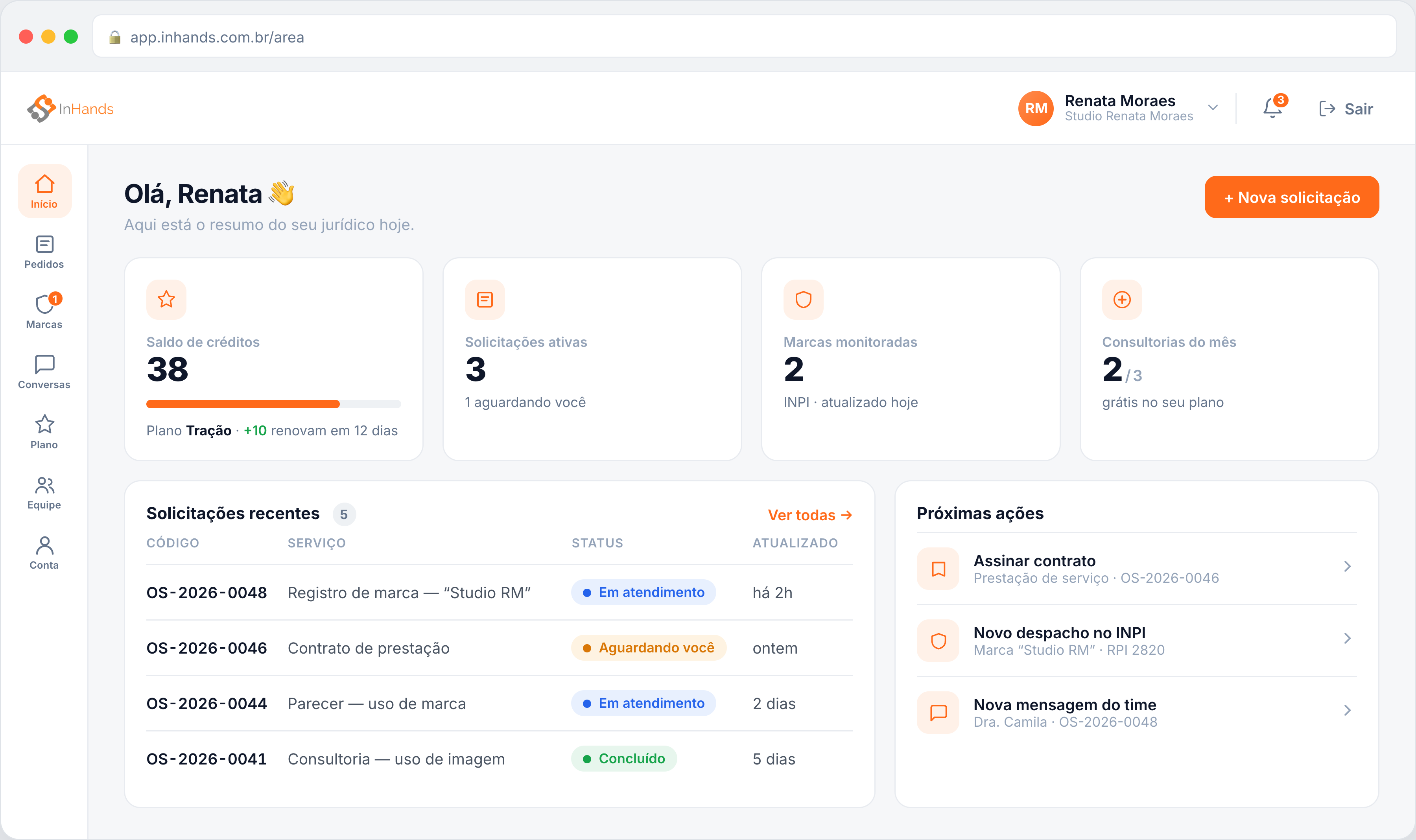 Plataforma InHands — painel do cliente com saldo de créditos, solicitações e próximas ações