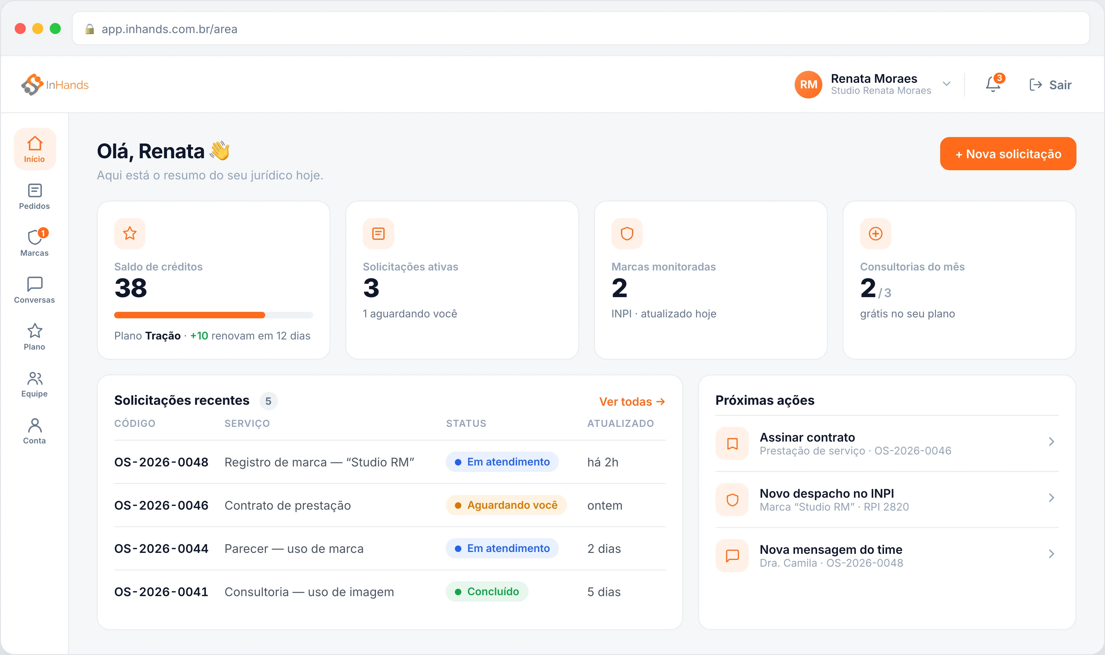 Plataforma InHands — painel do cliente com saldo de créditos, solicitações e próximas ações
